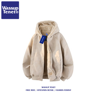 Wassup Tenet American-Style Faux Rabbit Fur Cotton Jacket for Men, Winter Trendy Brand, Fleece-Lined, Thickened, Warm, Hooded Cotton Coat