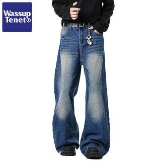 Wassup Tenet American Retro Washed Vintage Whiskered Jeans for Men, Autumn Trendy Brand Straight Loose Long Pants