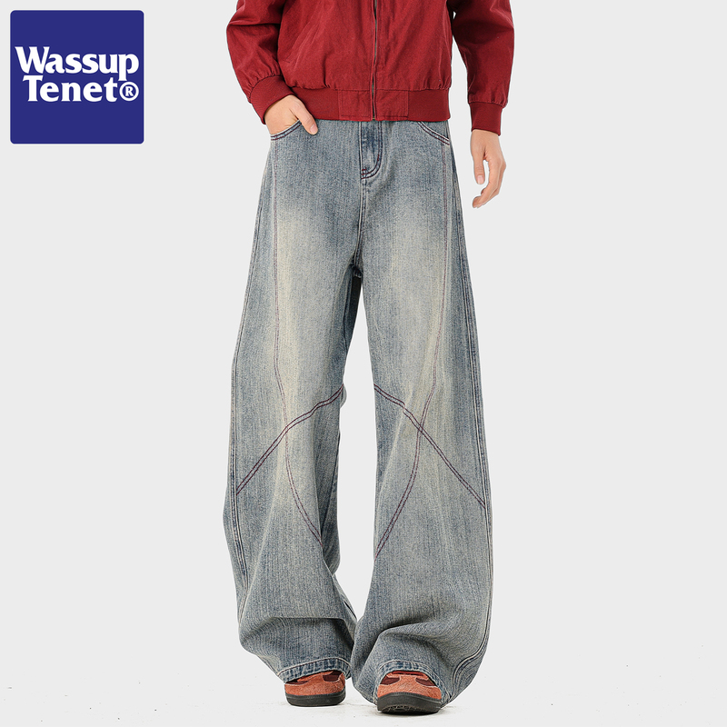 Wassup Tenet American Retro Washed Hasselblad Line Curved Knife Jeans Men's Autumn Trendy Straight Casual Pants