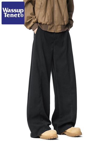Wassup Tenet American Retro Pleated Straight Casual Pants for Men, Autumn Trendy Brand Couple Loose Wide-Leg Trousers