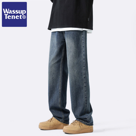 Wassup Tenet American Style Trendy Washed Jeans for Men, Autumn Loose Fit Couple Straight Casual Versatile Long Pants