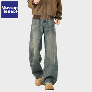 Wassup Tenet American-Style Washed Whiskered Jeans for Men, Autumn Trendy High Street Straight Loose Casual Pants