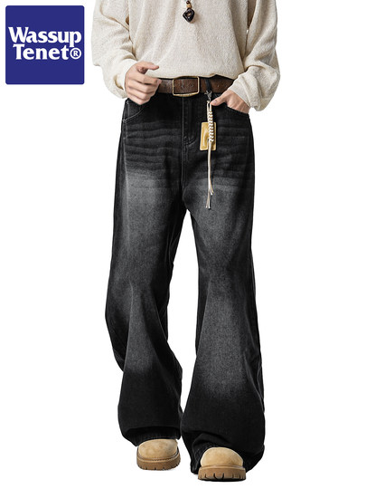 Wassup Tenet American Retro Washed Vintage Whiskered Jeans for Men, Autumn Trendy Brand Straight Loose Long Pants