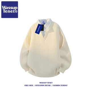 Wassup Tenet American-Style Fake Two-Piece Sweater for Men, Autumn and Winter Trendy Brand, Lazy Style, Loose Knitwear for Couples