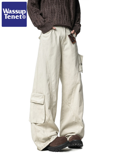 Wassup Tenet American-Style Deconstructed Patchwork Multi-Pocket Cargo Pants for Men, Autumn Trendy Brand Loose Casual Scimitar Pants