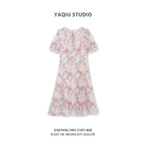 Smoke rose hollow design floral chiffon sweet dress female summer bubble sleeve split medium long skirt