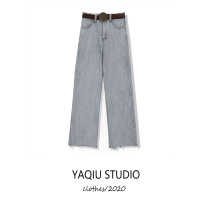 Belt light colored jeans womens straight tube loose spring and summer 2021 new casual Joker high waist wide leg pants