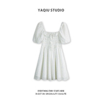 Blue floral dress female summer collarbone shoulder high waist pleated square collar bubble sleeve princess skirt