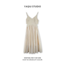 High-waisted Tencel Skirt Womens Summer High-waisted Solid Color Showed Waist A- shaped Big Swing Dress Waist V-neck Dress