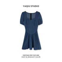 2021 summer new square collar retro harbor style solid color Princess denim bubble sleeve waist short sleeve dress