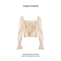 Pleated square collar chiffon French long sleeve sunscreen shirt female summer square collar chic design sense niche shirt