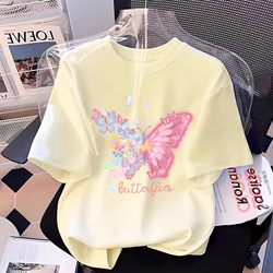Children's Clothing Butterfly Print Girls' Pure Cotton Short-Sleeved T-Shirt for Older Girls 2025 Summer Korean Style Half-Sleeved Top