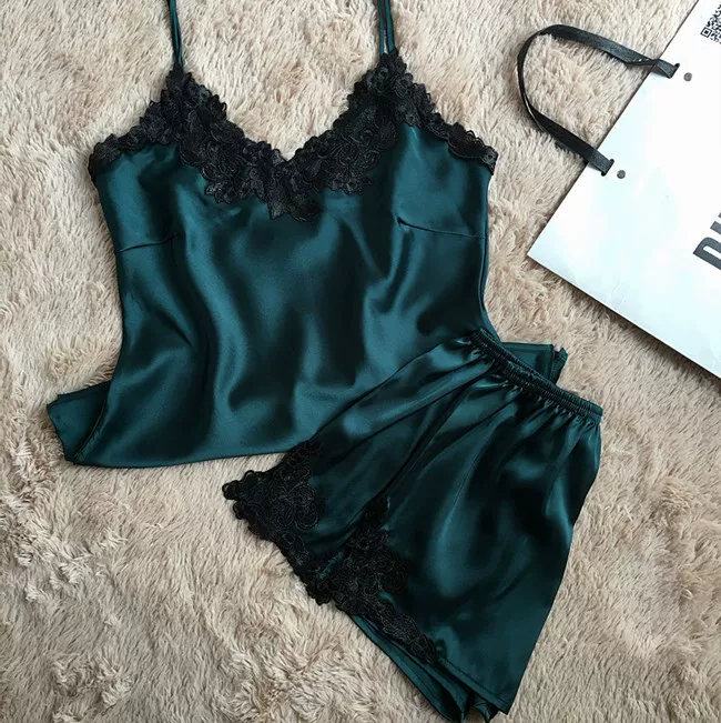 Женский сатиновый комплект пижамы, майка и шорты с кружевом, размеры M–XXXL