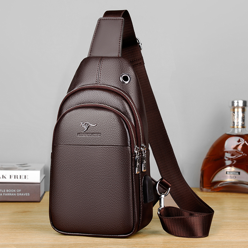 Men's Chest Bag ins Casual Single Shoulder Crossbody Two-Layer Cowhide Small Bag Chest Bag Men's Genuine Leather Crossbody Bag
