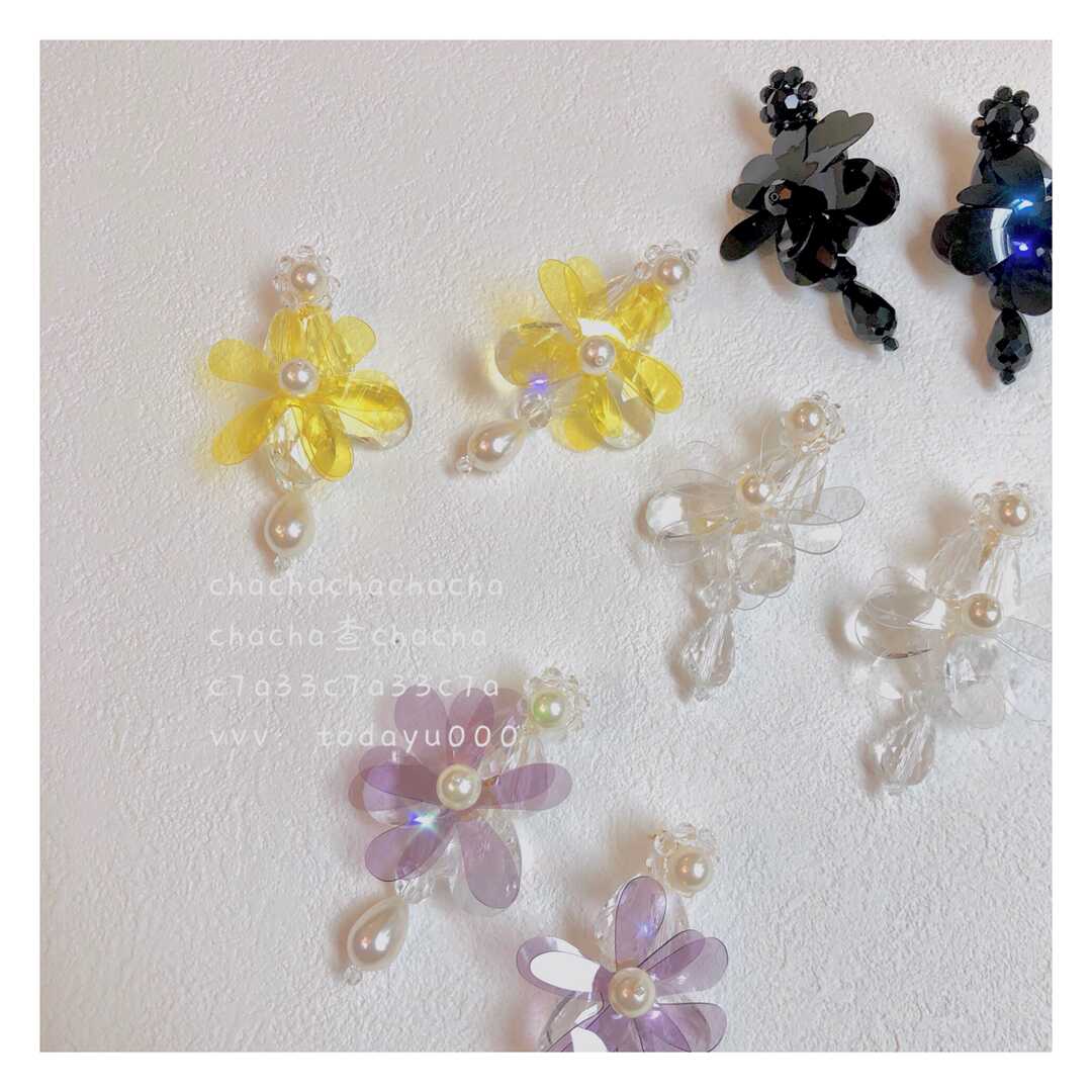 Simone珍珠水晶耳环女透明花瓣仙女风耳坠长款创意个性