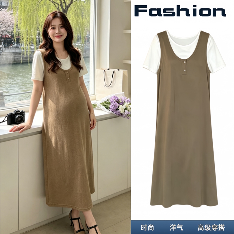 New Summer Maternity Wear for Petite Women, Featuring a Spliced T-Shirt with a Fake Two-Piece Design, Short-Sleeve Dress with a High-End Feel for Pregnant Moms New Summer Maternity Wear for Petite Women, Featuring a Spliced T-Shirt with a Fake Two-Piece Design, Short-Sleeve Dress with a High-End Feel for Pregnant Moms