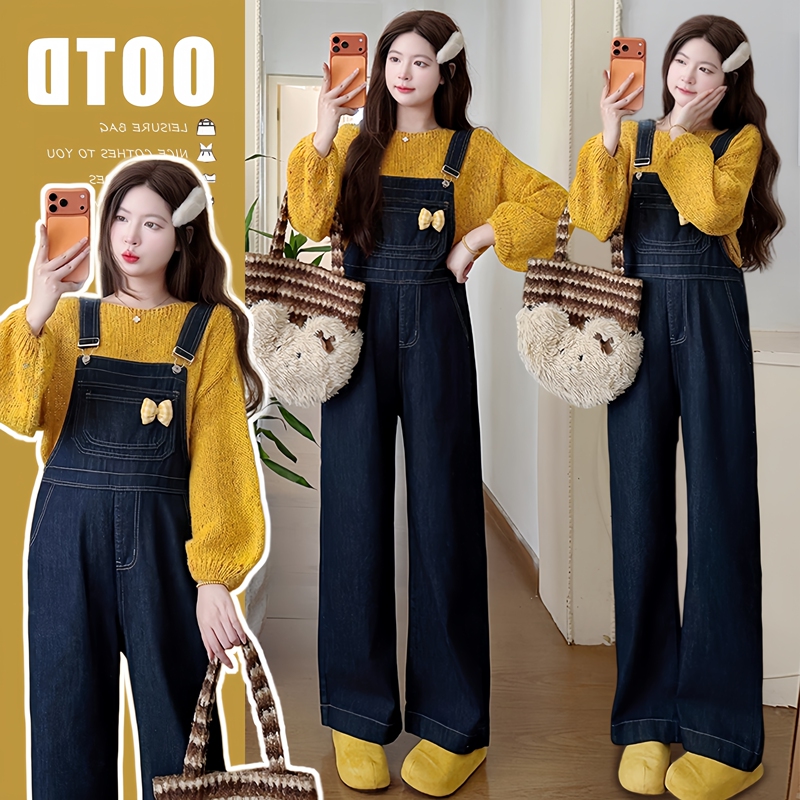 Pregnant Women's Complete Set of Autumn and Winter Trendy Maternity Outfits, Korean-Style Mohair Sweater and Suspender Pants Two-Piece Set