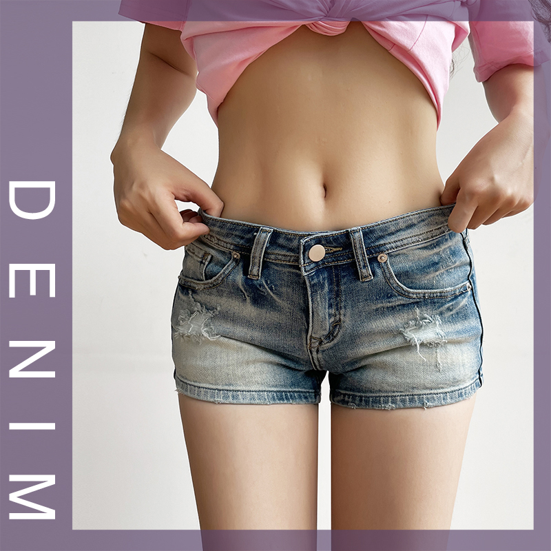 2022 Summer Low-Waist Denim Shorts for Women, Vintage Retro Hong Kong Style, Ripped, Tight, Sexy, Slimming, Trendy Hot Pants