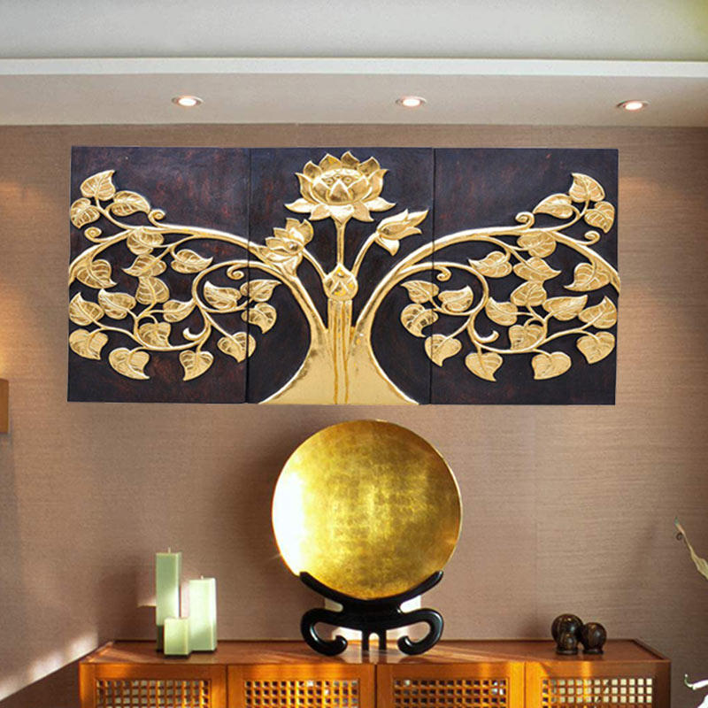 Thai-style handmade solid wood decoration wall three-piece Bodhi hanging board indoor meter box decoration Southeast Asian wall hanging wall hanging