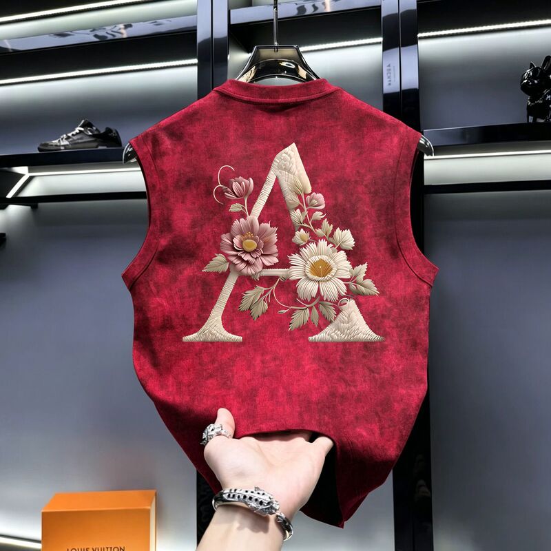 Trendy Brand Design Floral Sleeveless Vest for Men, New Summer Style with Red Letter Print, Fashionable and Versatile Top Trendy Brand Design Floral Sleeveless Vest for Men, New Summer Style with Red Letter Print, Fashionable and Versatile Top