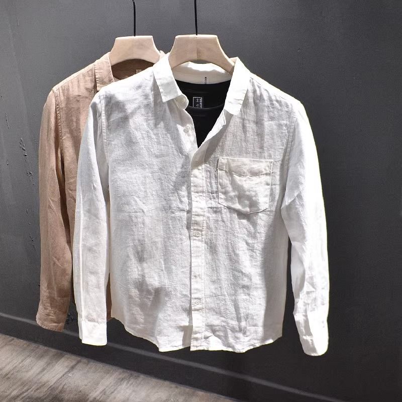 Casual Linen Shirt for Men, Spring and Summer Long-Sleeved Lapel Breathable Versatile Slim-Fit White Top Men's Clothing