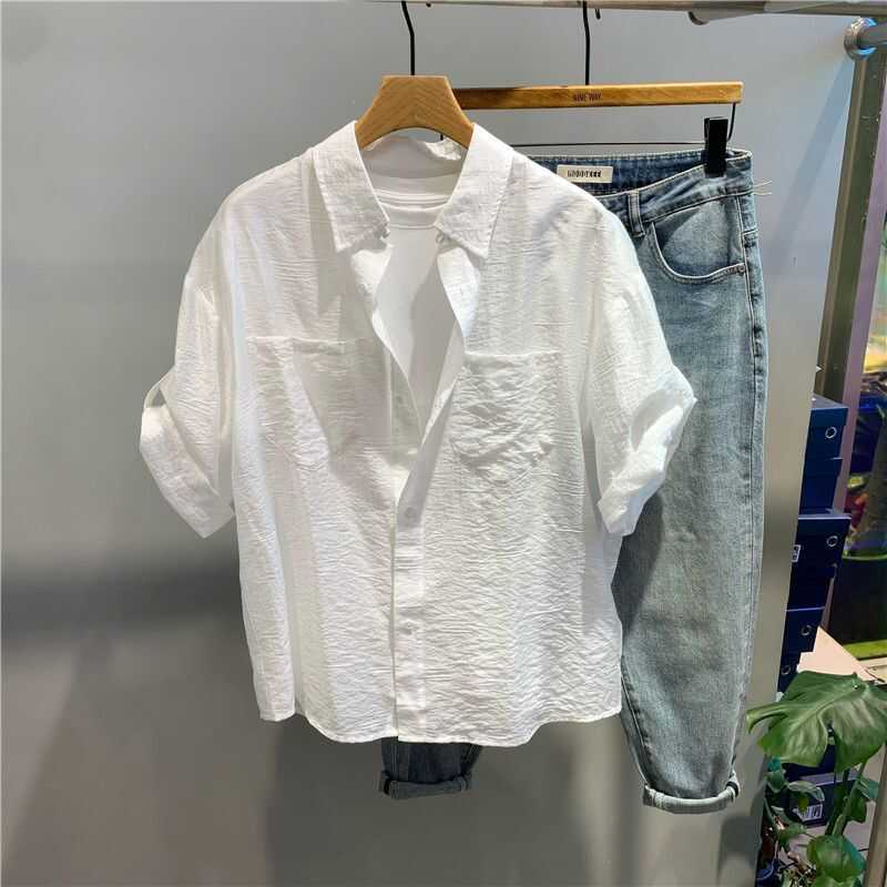 Clearance Sale~ High-Quality New Solid Color Lapel Five-Sleeve Shirt for Men with Double Pocket Design