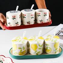 Household Japanese ceramic seasoning can set kitchen with lid seasoning box condiment box chili oil monosodium glutamate salt jar