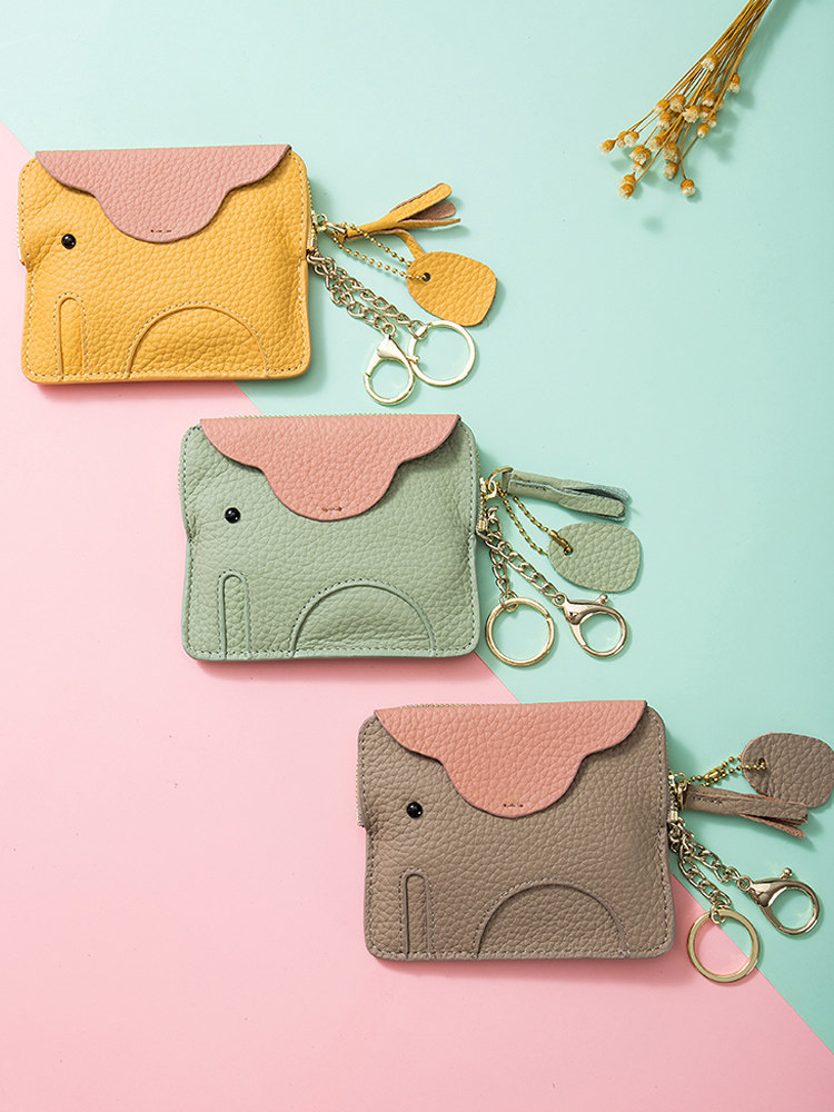 Mini Elephant Wallet Ultra-Thin First-Layer Cowhide Coin Keychain Storage Bag Card Holder Genuine Leather Coin Purse for Women Cute