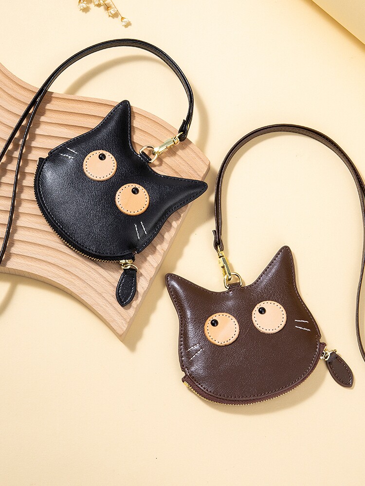 Cartoon Cat Genuine Leather Neck-Hanging Coin Purse for Women, Mini Card Holder, Cute and Versatile, Earphone Leather Storage Bag