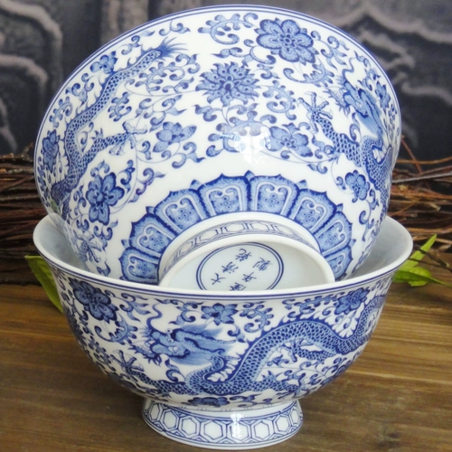 Керамическая китайская посуда Цзиндэчжэнь, синяя и белая миска, миска для супа с лапшой, чаша дракона, антикварная миска, бытовая однокостяная фарфоровая миска для риса H,