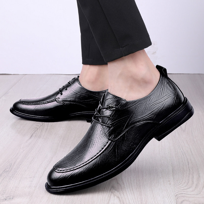 Septwolves formal leather shoes men's business casual top layer cowhide lace-up summer Korean version black breathable work round head