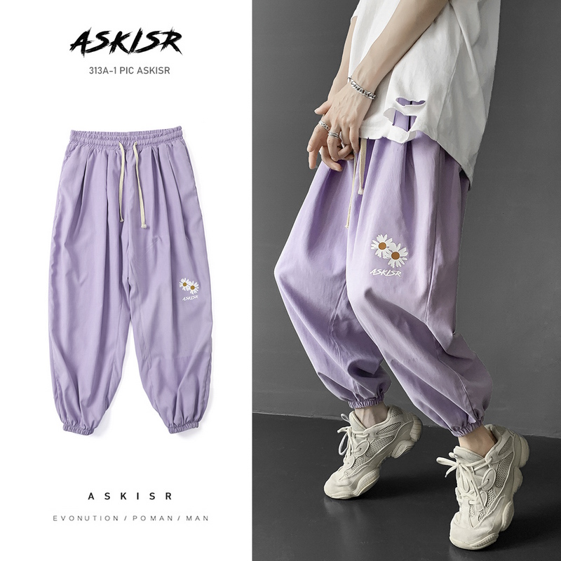 Purple pants boys Japanese high street loose beam feet small daisy casual overalls pants tide brand oversize pants