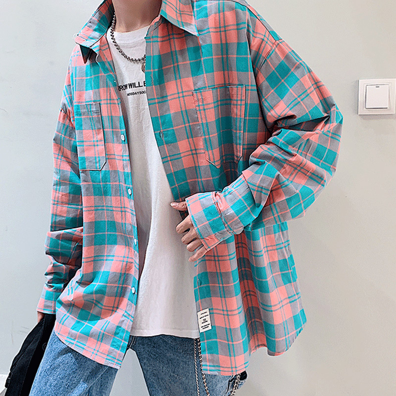 Pink pure ピュア plaid shirt men's long-sleeved Hong Kong style Japanese trend loose all-match student salt shirt