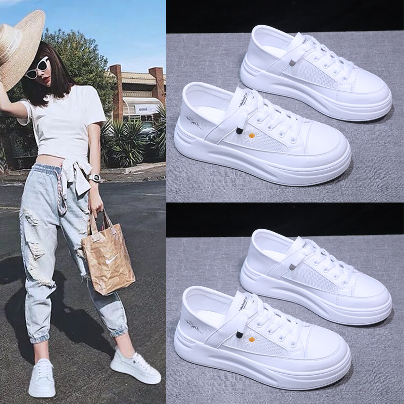 Single shoes women's summer 2020 new mesh breathable explosion models casual all-match ins hollow thick-soled small white shoes
