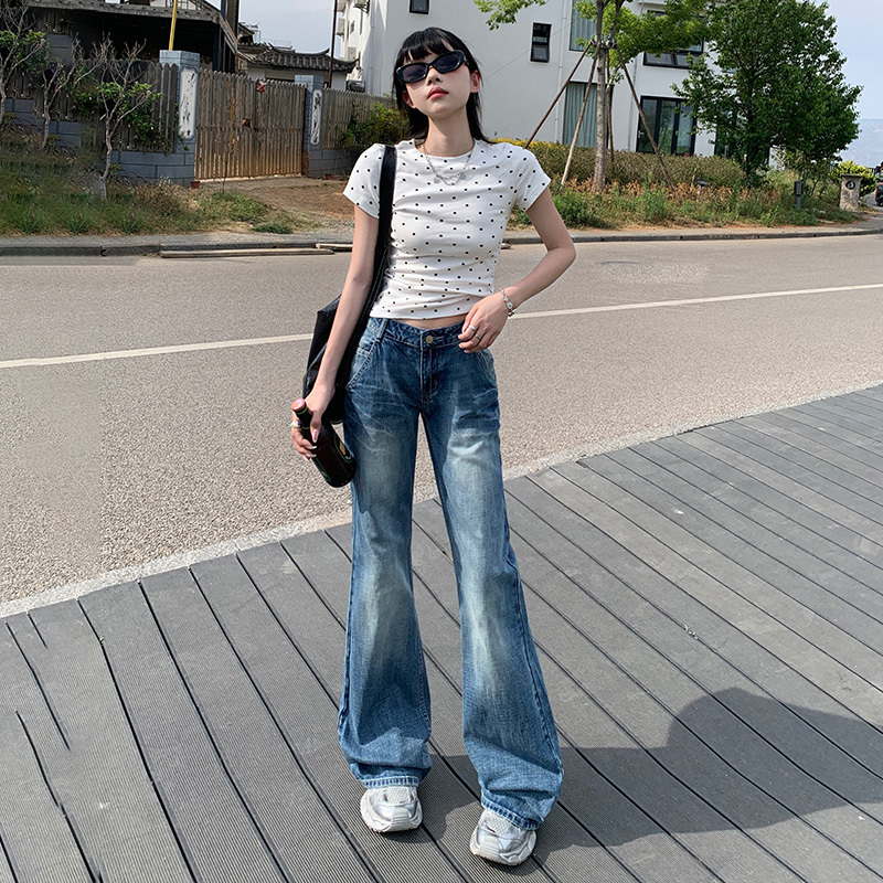 Blacky Oroi American Retro Low-Waist Micro-Flare Jeans for Women 2025 New Style Washed Cracked Loose Fit
