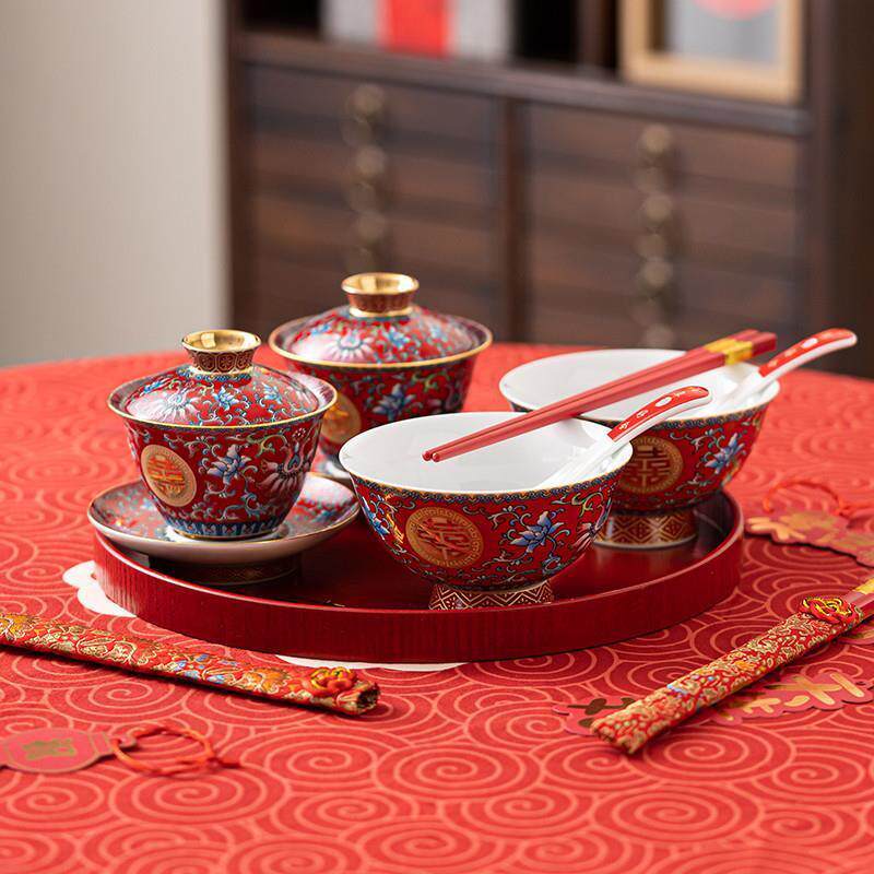 Wedding Bowl Chopsticks HAPPY BOWL SUIT ENAMEL COLOR NEWLYWEDS COUPLE BOWLS A COUPLE OF CHANGE OF MOUTH AND TEACUP WEDDING ESCORT ACCESSORIES-Taobao