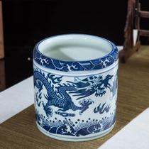 Jingdezhen Thickening Fire Jars Green Flower ceramic pen holder Students Wenfang Supplies Book Room Swaying Pieces Calligraphy Brush pen containing cylinder