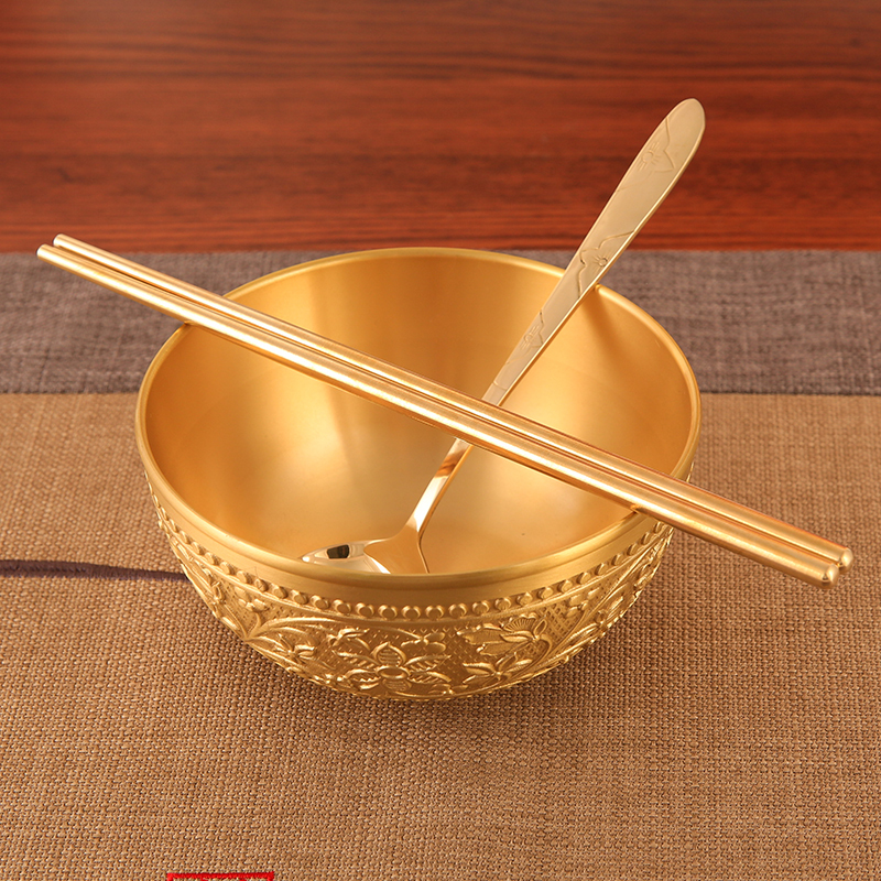 Pure Copper Thickened Brass Bowl, Chopsticks, Spoon, Hand-Carved Household Copper Tableware Set, Exquisite Gift Box Packaging Pure Copper Thickened Brass Bowl, Chopsticks, Spoon, Hand-Carved Household Copper Tableware Set, Exquisite Gift Box Packaging
