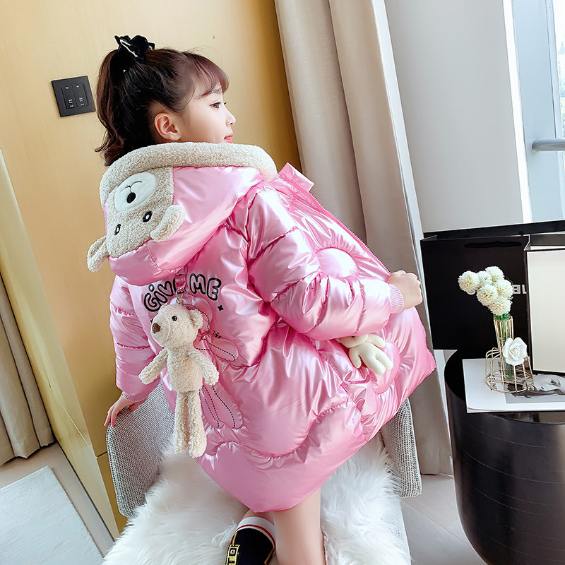 Girls 2021 new winter clothes mid-length version of Western style bright leather cute wash-free cotton jacket children's down cotton clothes jacket