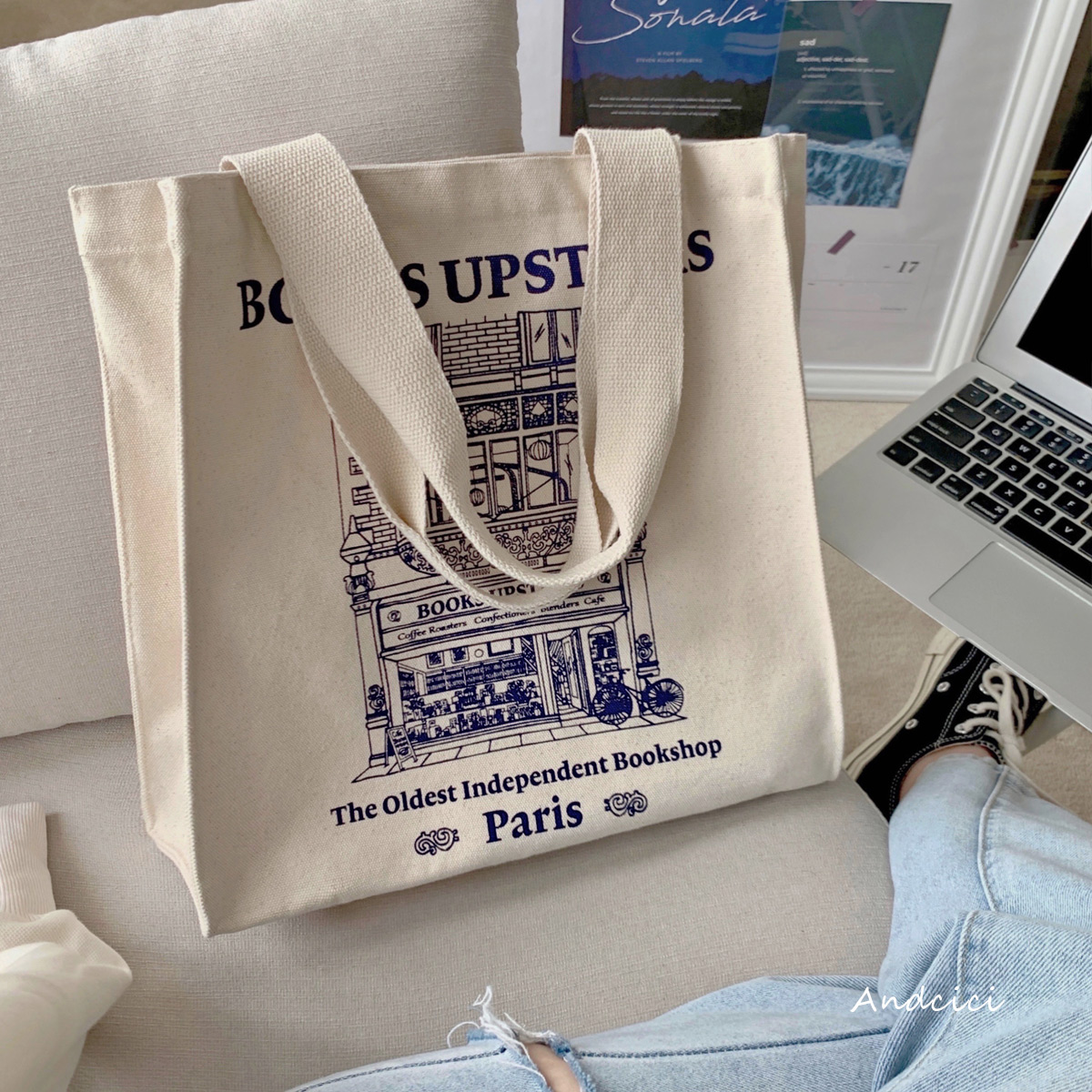 ANDCICI@Paris bookstore~vitage large capacity canvas bag male and female student school bag shopping bag tote bag