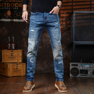 高端潮牌复古刺绣牛仔裤男士秋冬潮牌痞帅美式欧美拼接修身小脚裤