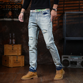 香港高端秋冬修身小脚裤男士牛仔裤痞帅弹力假破洞时尚潮流浅色