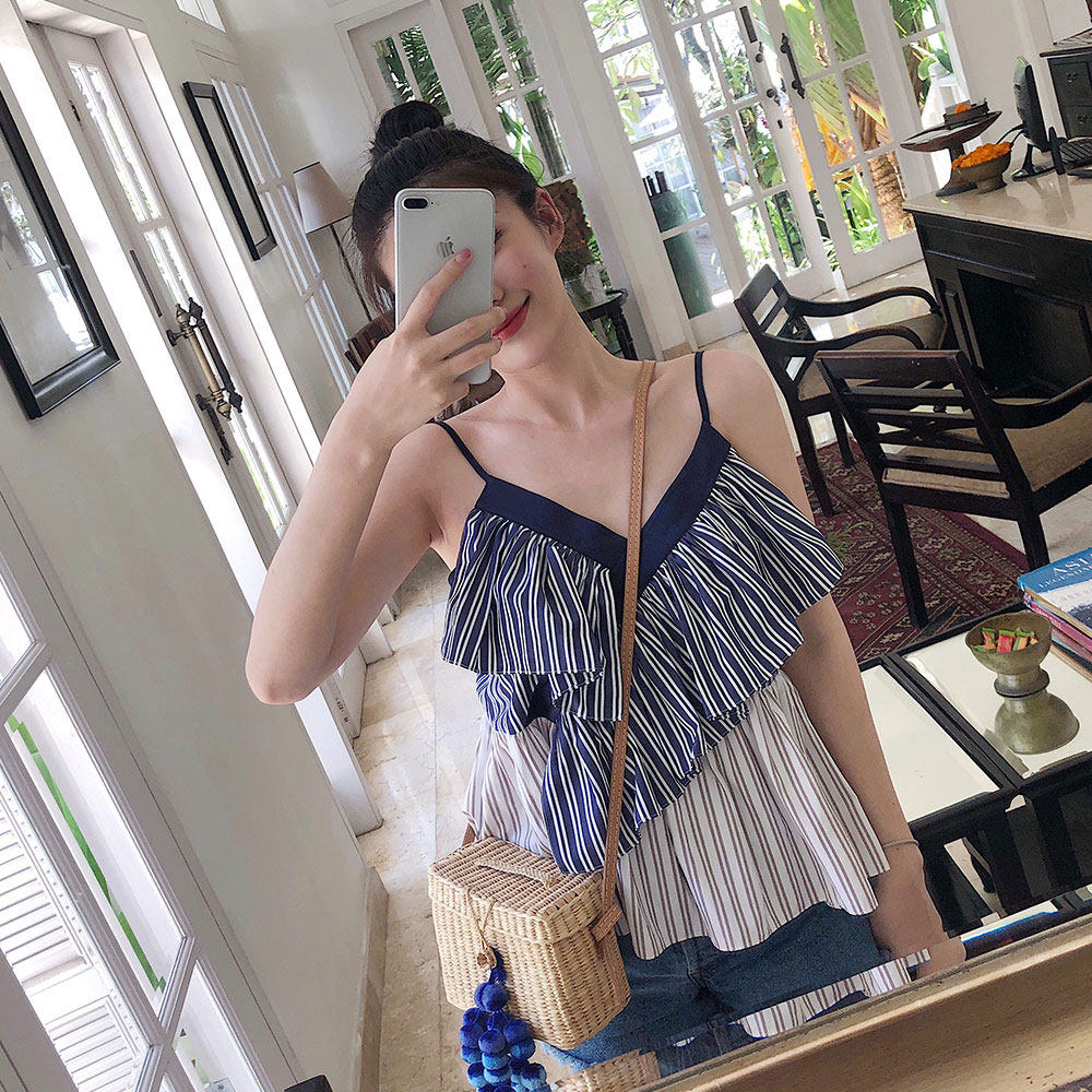 Small fresh striped sexy ruffled V-neck camisole women's summer outer wear net red sleeveless short top women's tide