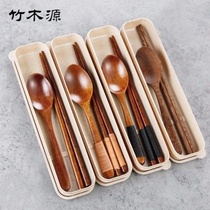 Wooden chopsticks spoon set box Japanese student Adult travel portable tableware Three-piece set Wooden spoon Wooden chopsticks