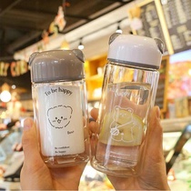 Double-layer glass childrens student Korean version of cute cartoon mini portable handy cup Insulation anti-hot tea cup