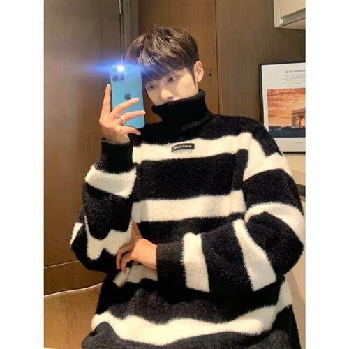 NEW OR MODE High collar sweater for men's autumn winter new gush thickened striped knit shirts loose with lazy sloth-Taobao