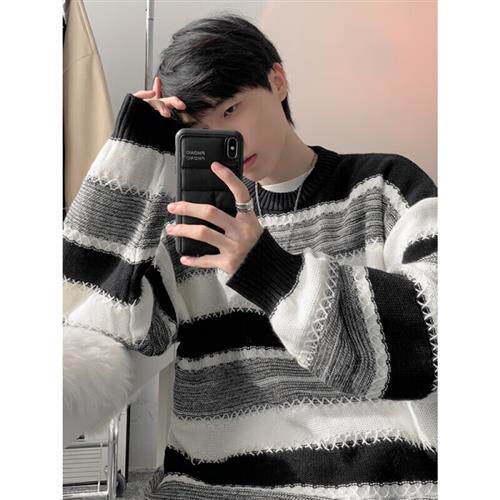 OEMG Stripe Design Sense Sweater Jacket for men and women Autumn Winter Lazy Wind Loose Needle Weaters Clothes Casual-Taobao