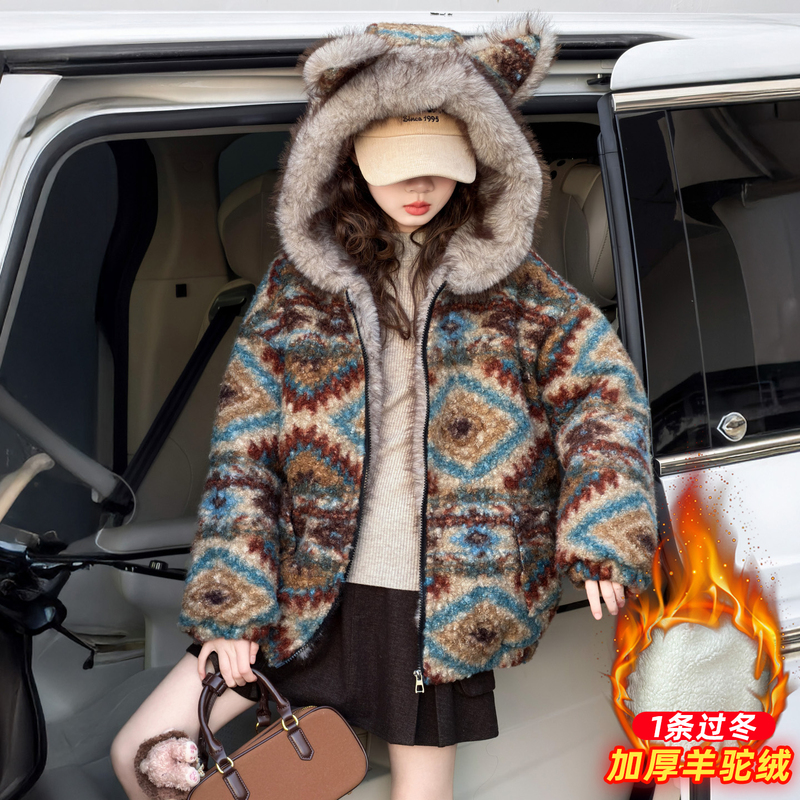 Girls' Thickened Wool Sweater Jacket 2025 Winter New Style Large Children's Hooded Warm Fair Isle Style Fleece-Lined Cotton Coat