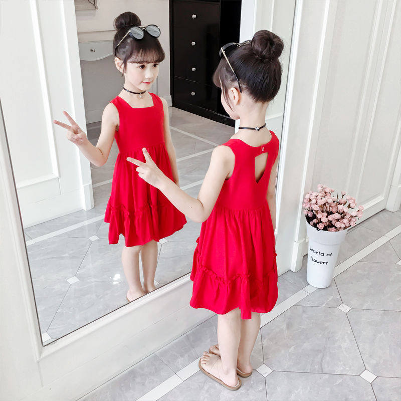 Girls dress summer dress 2022 new children's suit Western style little girl summer sleeveless vest skirt princess skirt cotton