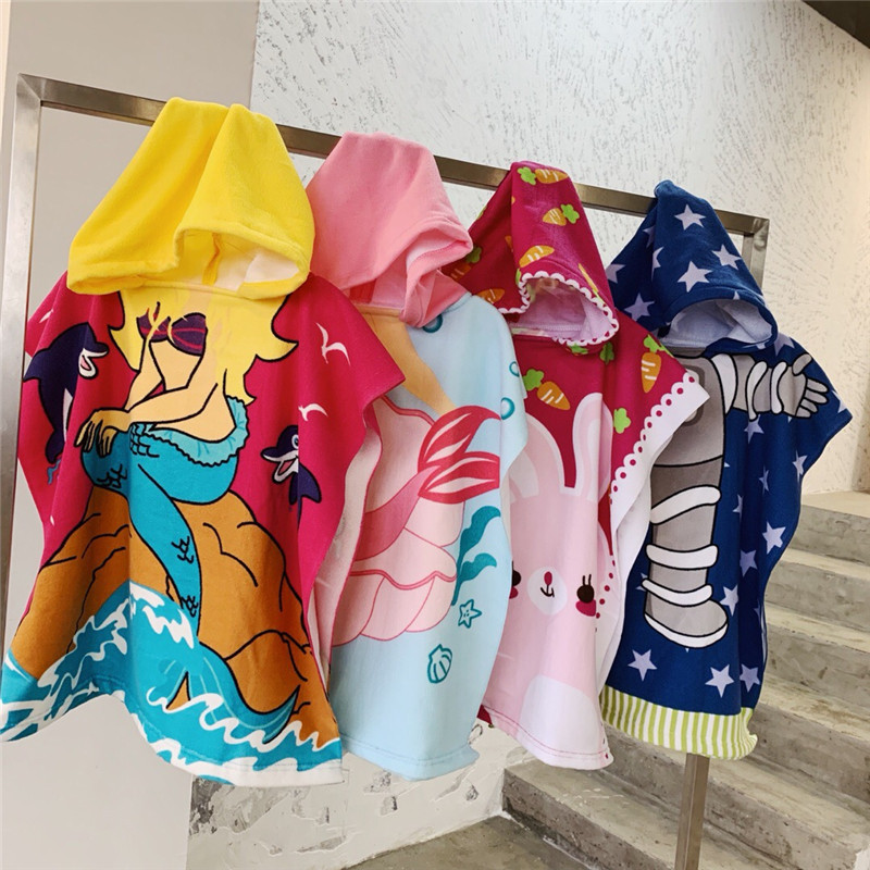 Children's Bath Towel Cape Microfiber Hooded Poncho Bathrobe Cartoon Wearable Towel Swimming Beach Bath Towel Baby